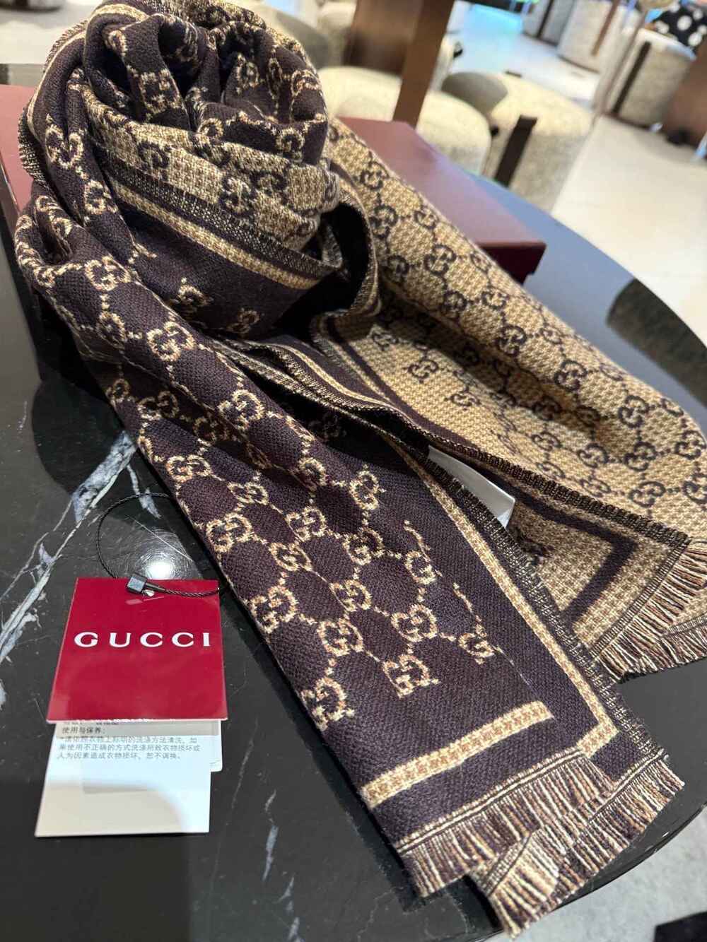 Gucci Brown & Gold GG Monogram Fringe Scarf